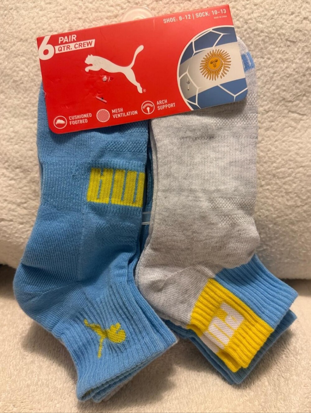 Puma Men’s Crew Socks Argentina Light Blue Grey and White